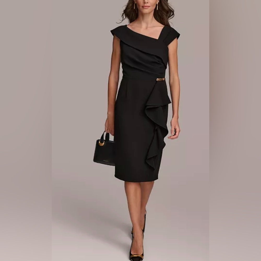 NWT Donna Karan Asymmetric Neckline Cap Sleeve Ruffle Trim Sheath Dress,Black,12
